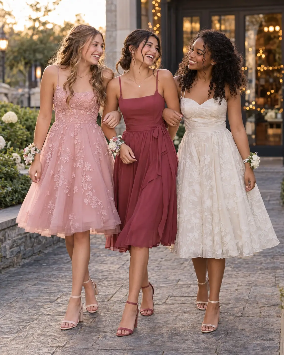 Teenagers wearing knee-to-midi dance-length dresses