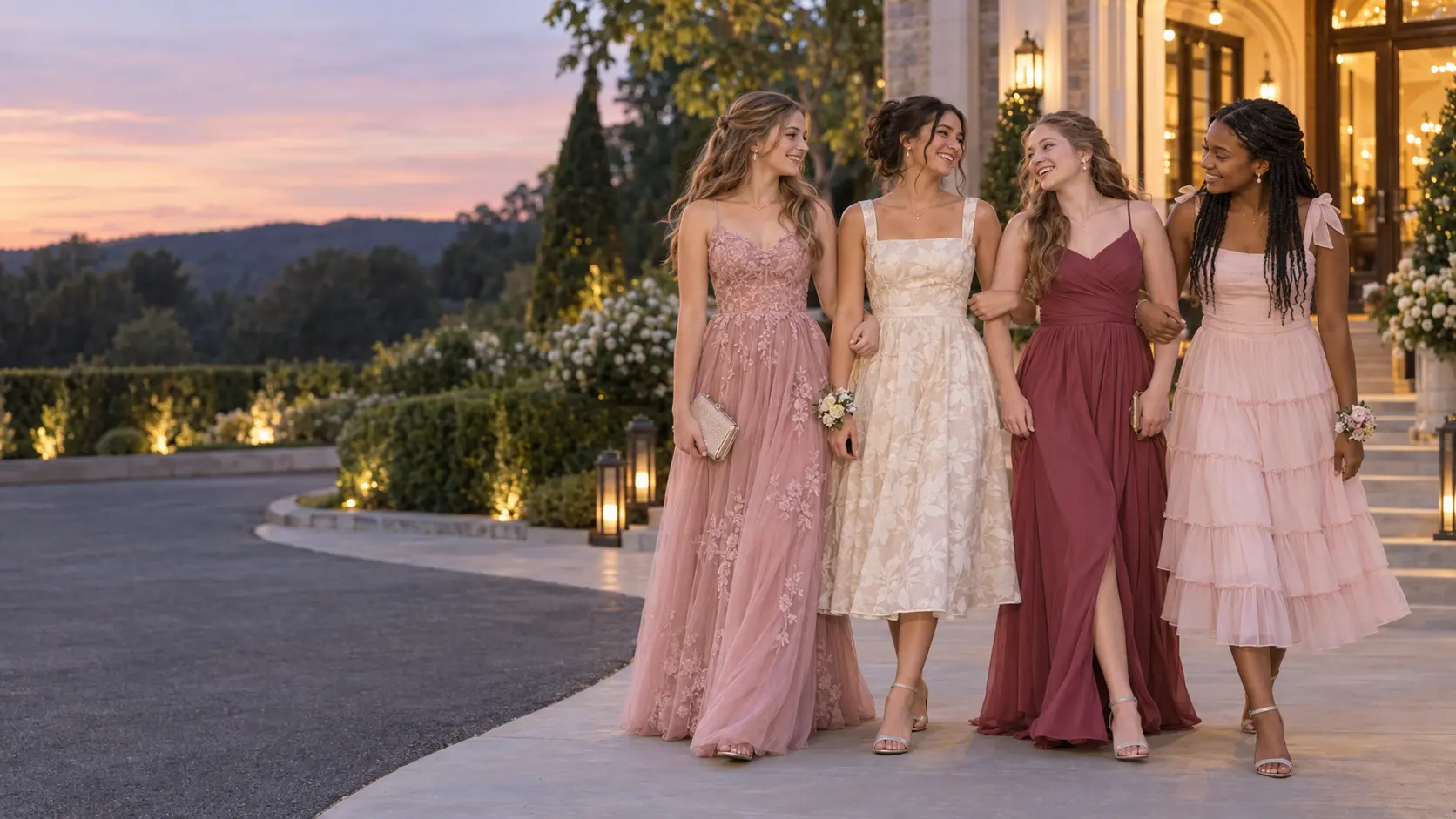 Teenagers arriving at a formal dance in elegant gowns and dance-length dresses
