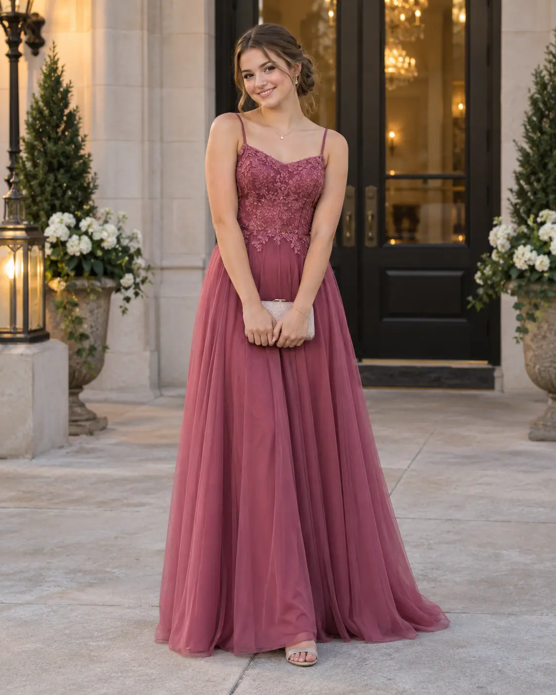 Teenager wearing an elegant full-length formal gown
